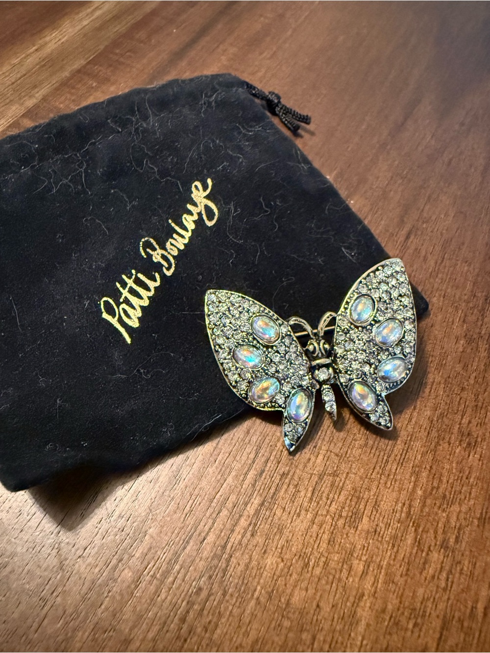 Patti Bourge Iridescent Crystal Butterfly Brooch in Gold Tone